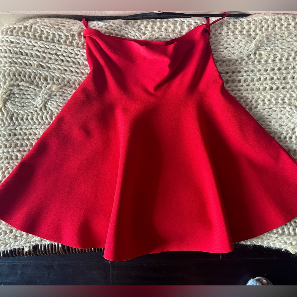 BCBG Max Azria red midi flare bandage elastic A line skirt